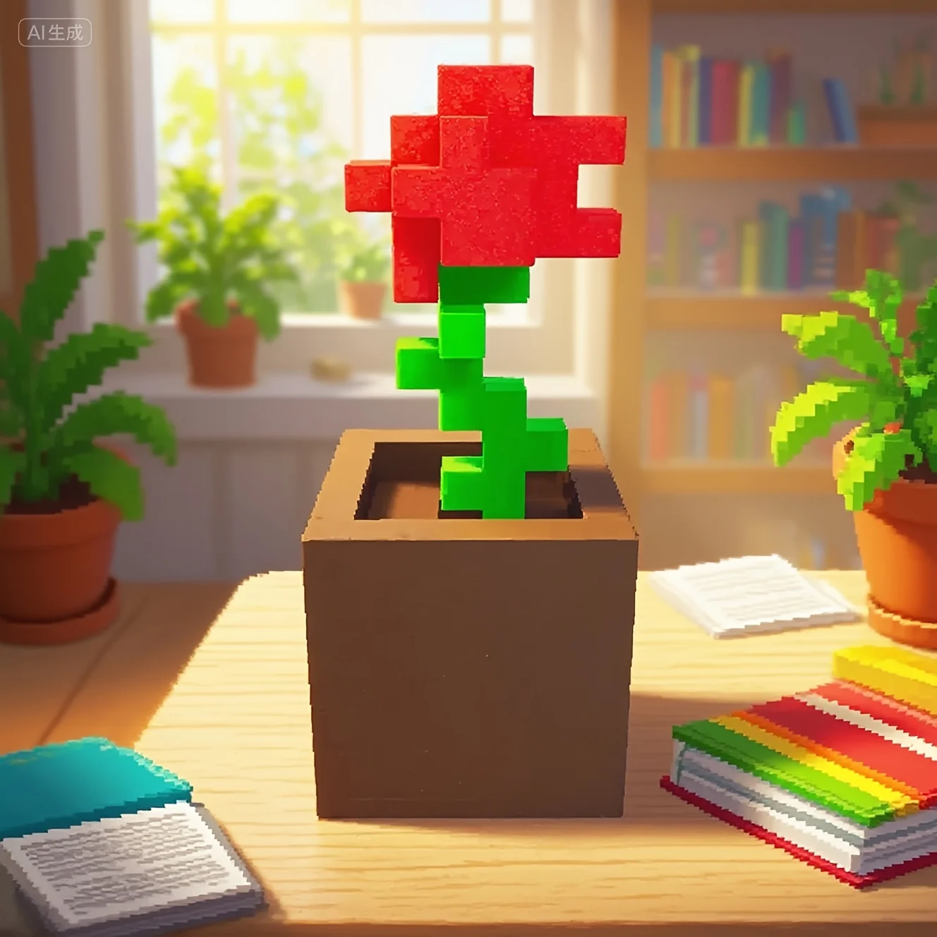 1 Piece Pixel Rose Flower Ornament, 3D Printed Unique Flower Decoration, Plastic Product, Suitable for Bedside Table, Desktop - Image 5