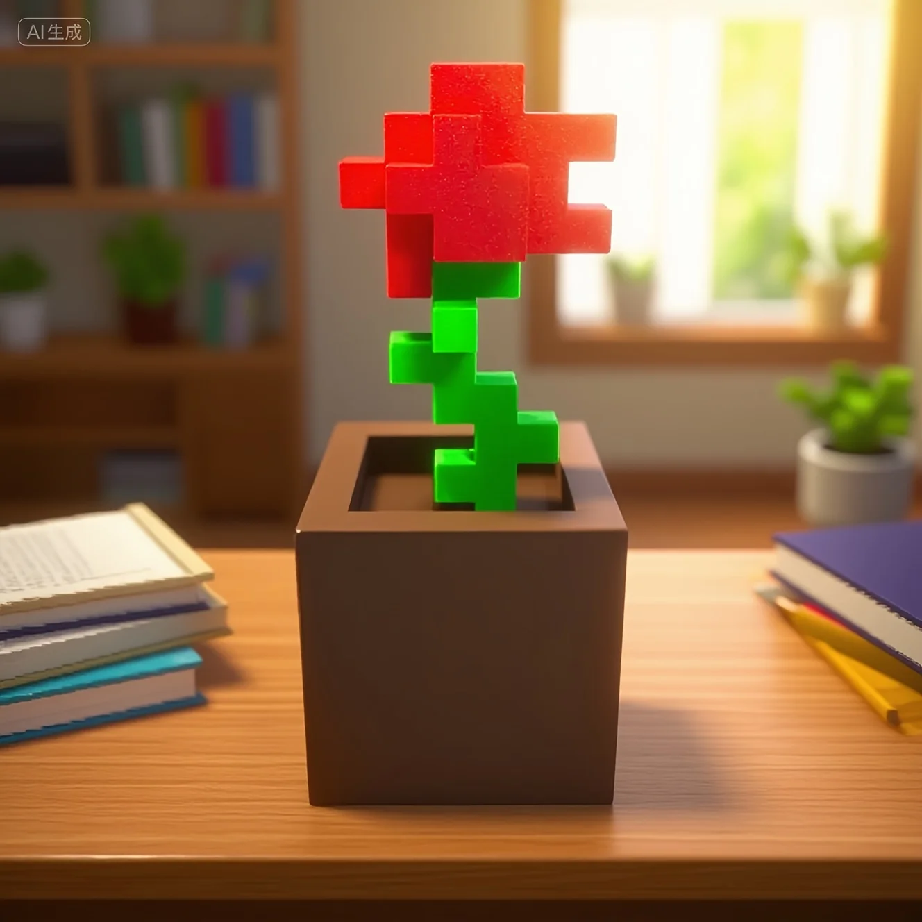 1 Piece Pixel Rose Flower Ornament, 3D Printed Unique Flower Decoration, Plastic Product, Suitable for Bedside Table, Desktop - Image 2