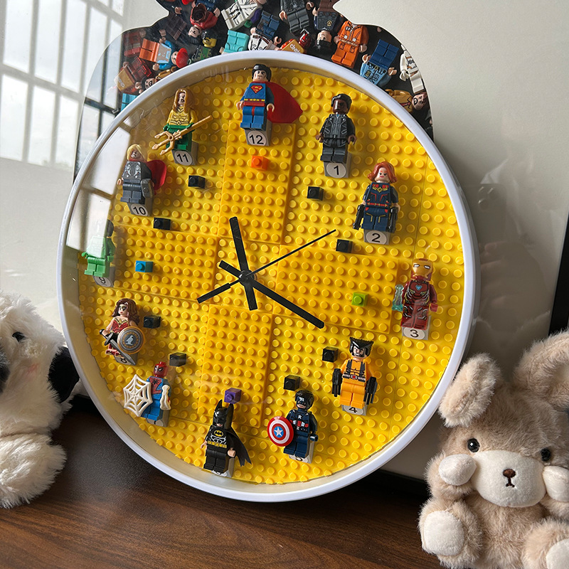 Children's Room DIY Wall Clock Clock Decoration Plastic Cartoon Silent Boy Birthday Gift Pointer Building Block Wall Clock